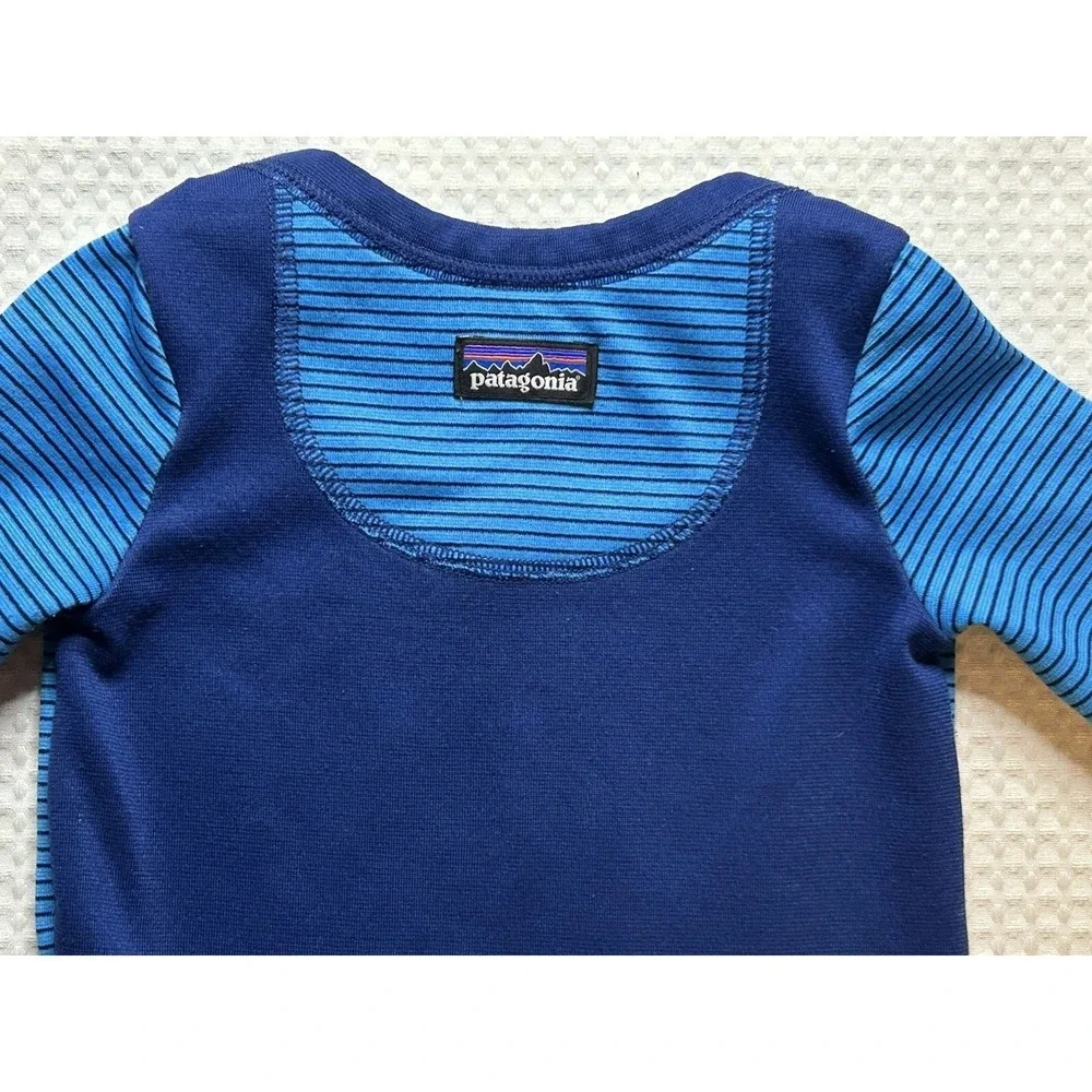 Patagonia Baby One Piece Capilene Blue Striped Long Sleeve Bodysuit 6 - 12 Month